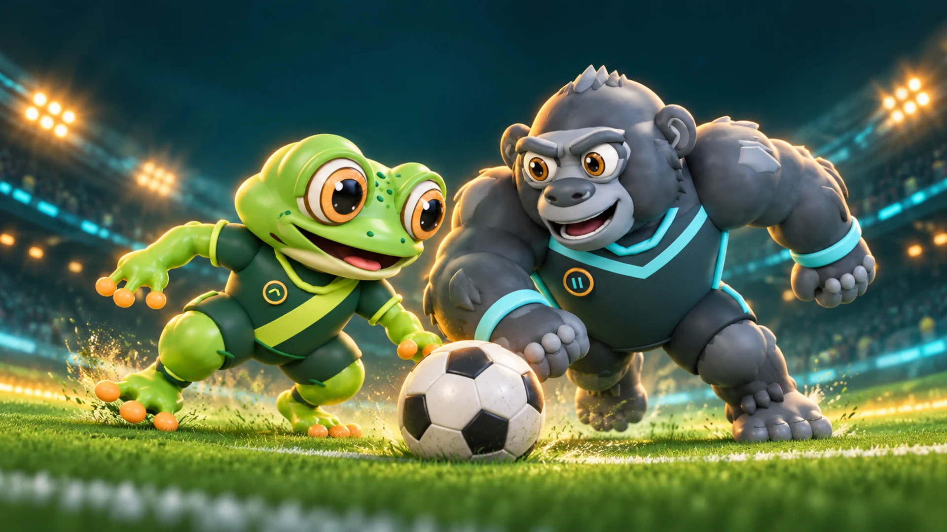 Rzekotka i goryl walczą o piłkę - ilustracja premierowa Wildkick Arena